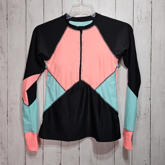 NWOT Farysays Women's Colorblock Rashguard Swimsuit Top Size Medium Padded ½ Zip - Picture 3 of 9